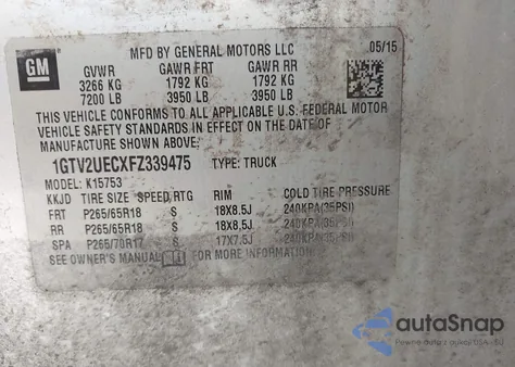 2015 GMC Sierra 1500 Sle z USA, uszkodzony, nr VIN 1GTV2UECXFZ339475